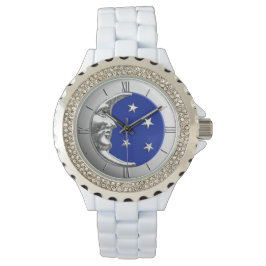 Montre Art Déco Lune et Etoiles - Bleu Cobalt et Argent