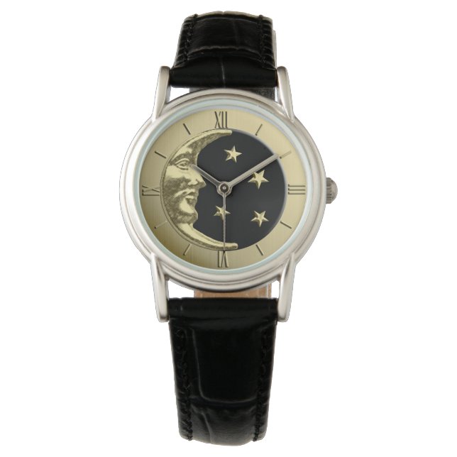 Montre Art Déco Lune et Etoiles - Noir et Or (devant)