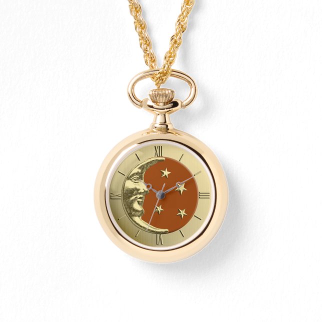 Montre Art Déco Lune et Etoiles - Rust Brown et or (Recto)
