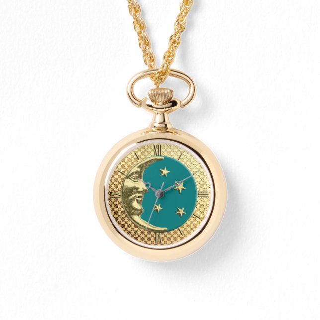 Montre Art Déco Lune et Etoiles, Turquoise et Gold Watch (Recto)