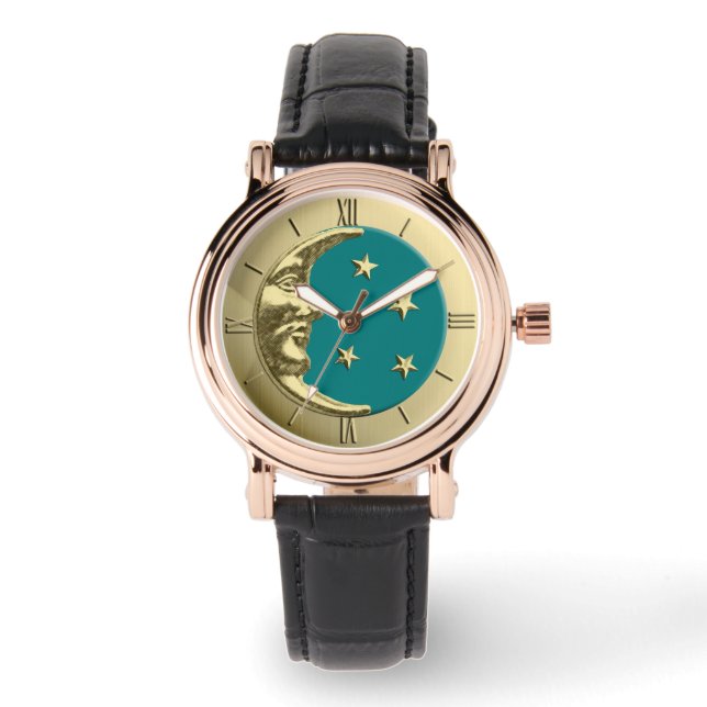 Montre Art Déco Lune et Etoiles - Turquoise et or (Recto)