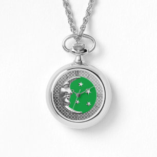 Montre Art Deco Moon and Stars, Jade Green and Silver