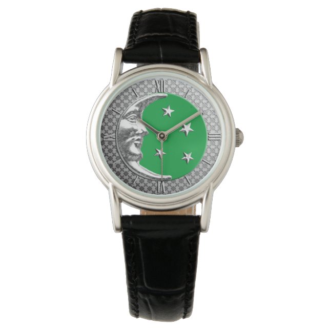 Montre Art Deco Moon and Stars, Jade Green and Silver (devant)