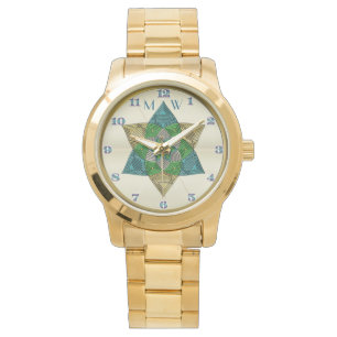 Montre Art Deco Peacock Feather Inspecred Mandala Monogra