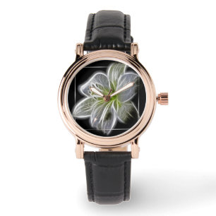 Montre Art fractal de lys blanc époustouflant noir