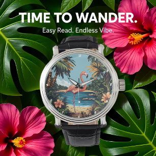 Montre Art mural de plage tropicale flamant rose