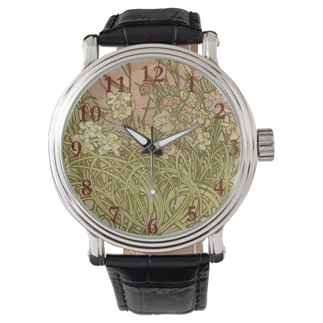 Montre Art Nouveau Alfonse Mucha fleurs d'oeillets floral (devant)