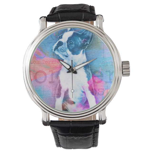 Montre Art numérique d'aquarelle Boston Terrier (devant)