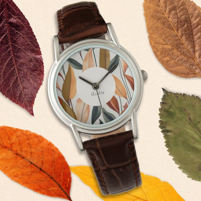 Montre Automne Feuilles d'automne Nature Thème Personnali (A stylish watch with Autumn leaves design in orange, green, brown and yellow)