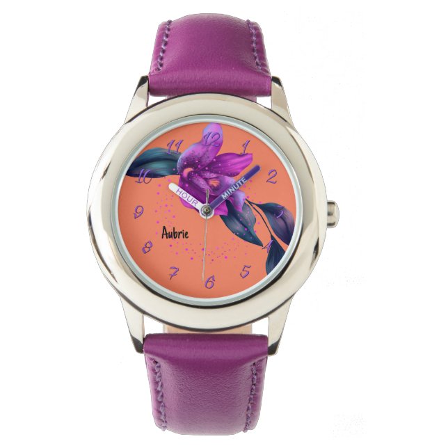 Montre avec orchidée violette sur Orange (devant)