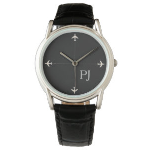 Montre avions avec initiales, noir élégant