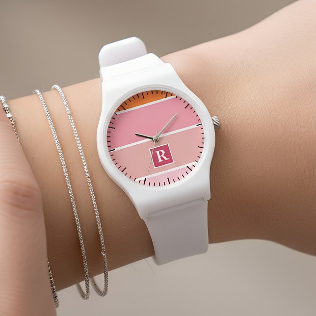 Montre Bandes en rose, blanc et orange avec Monogramme (pink striped feminine watch)