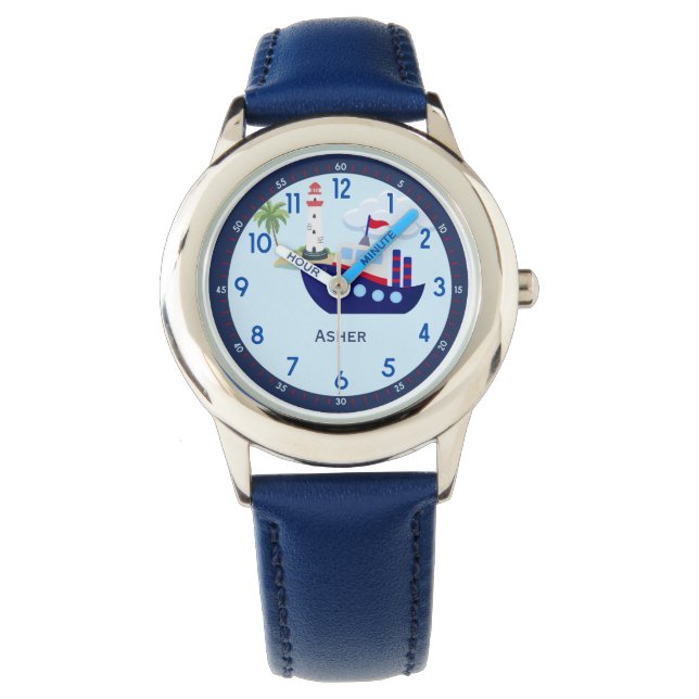 Montre Bateau Bleu Personnalisé Apprenez À Dire L'Heure (devant)