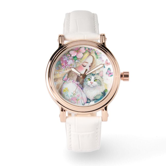 Montre Beautidul aquarelle femme avec illustration de cha (Recto)