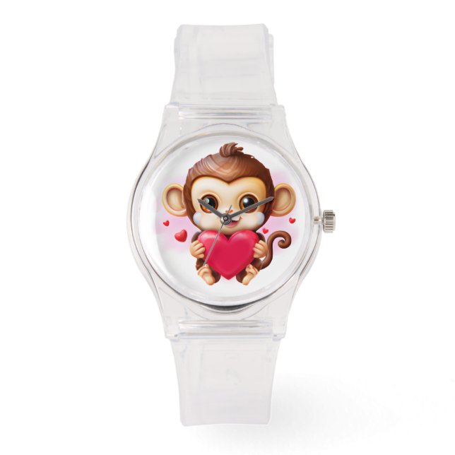 Montre Bébé adorable singe tenant un coeur rouge (Recto)