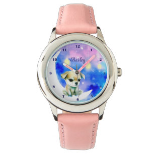 Montre Bébé mignon chien sur la lune Étoiles Aquarelle pe