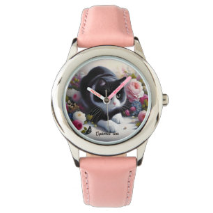 Montre Belle Chat et Fleurs Noir et Blanc
