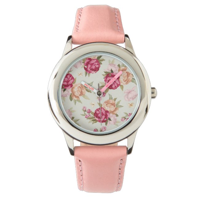 Montre Belle couleur motif pivoine sur vert (devant)