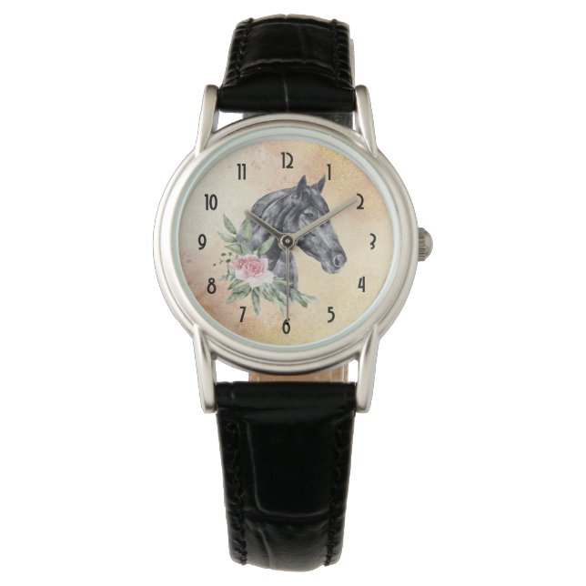 Montre Belle tête de cheval noir Portrait d'aquarelle (devant)