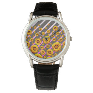 Montre Belles fleurs jaunes sur gris, rayures roses