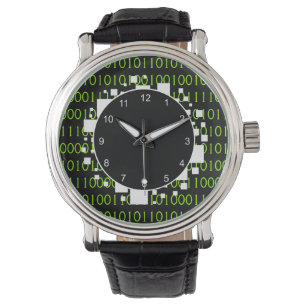Montre Binary en cuir 1 0 Code Geek Bague blanche de feu