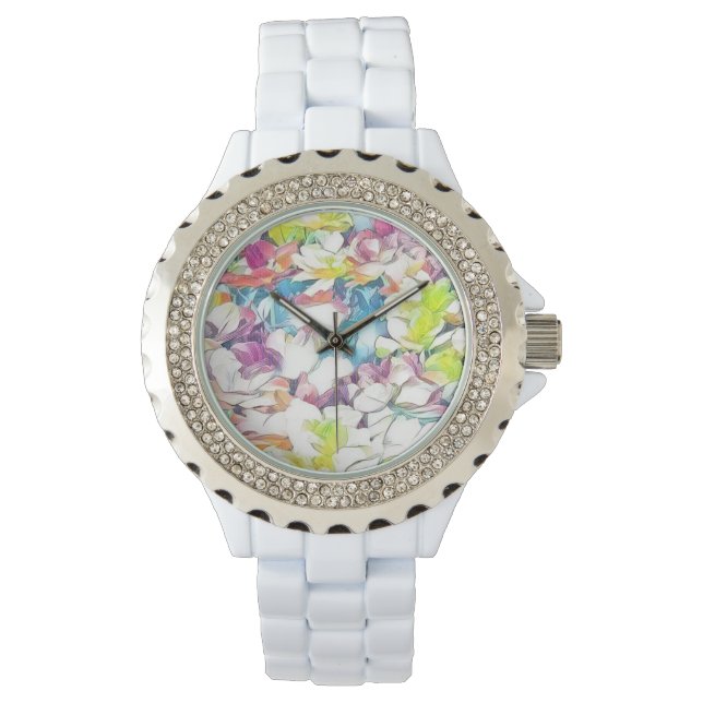 Montre blanche florale avec effet flottant (devant)