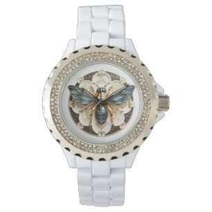 Montre Bleu Blanc Or Vitrail Élégant Bee