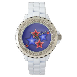 Montre Bleu brillant et Stars rouges Rhinestones White Wa