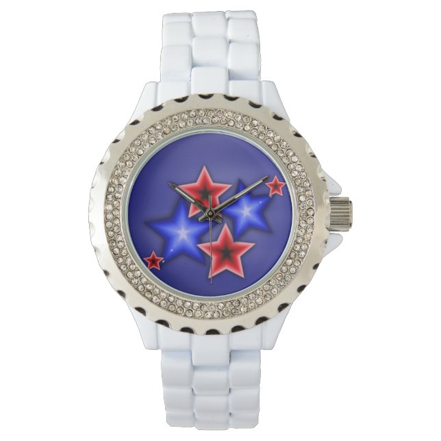 Montre Bleu brillant et Stars rouges Rhinestones White Wa (devant)
