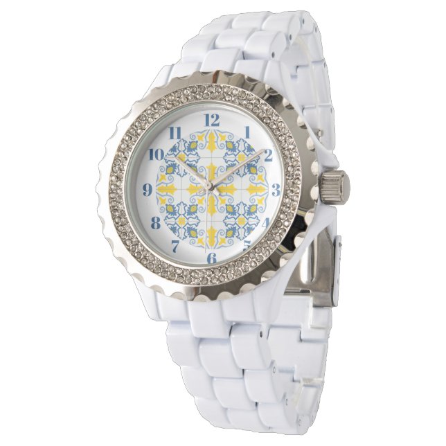 Montre Bleu et jaune joli carrelage portugais motif (Incliné)