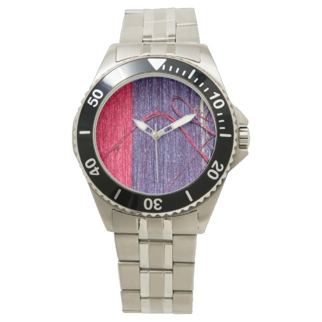 Montre Bleu et rouge en soie thaïlandaise artisanale (devant)