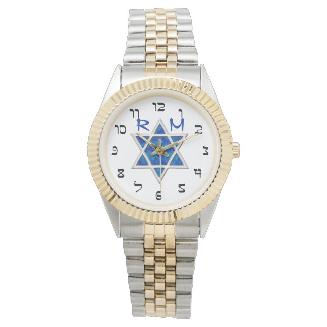 Montre Bleu Magen David, Faux Hébreux Numéros, Monogramme (devant)