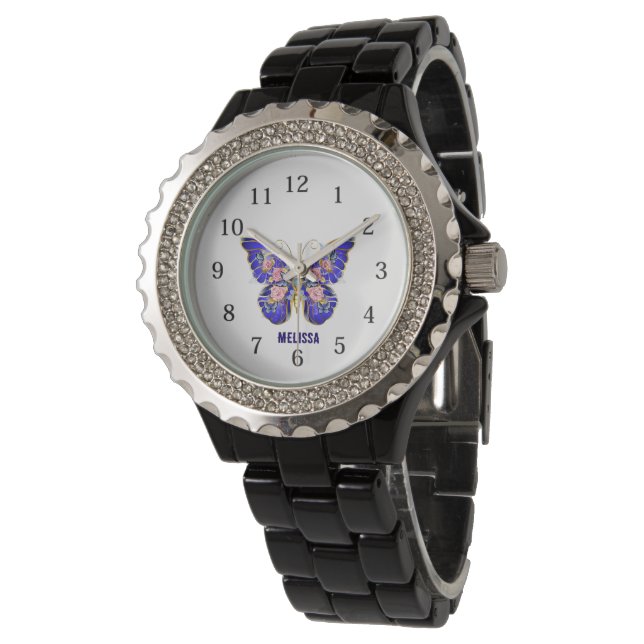 Montre Bleu rose rose or papillon Nom floral (Incliné)