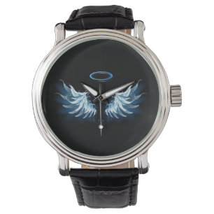 Montre Blue Glowing Angel Wings on black background