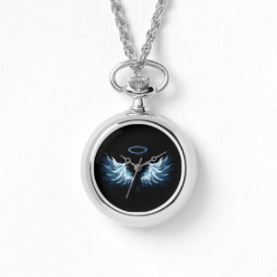 Montre Blue Glowing Angel Wings on black background