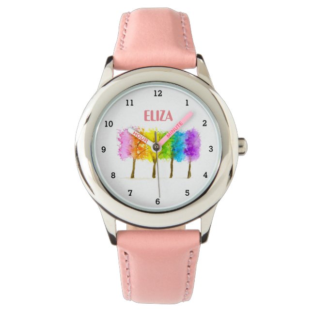 Montre Boho Arc-en-ciel Aquarelle mignonne Filles roses O (devant)