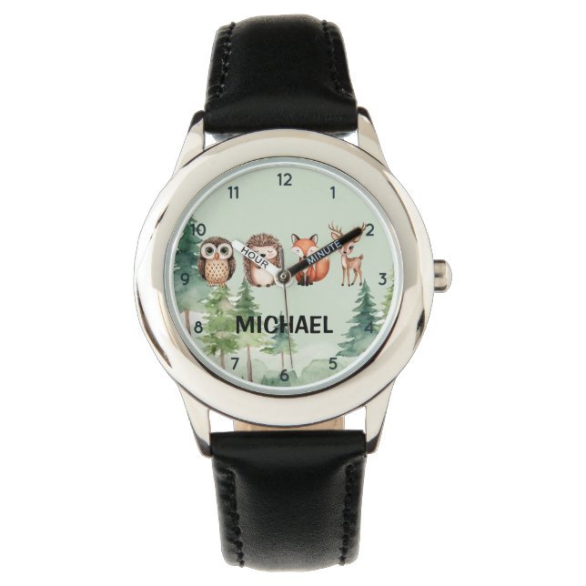 Montre Bois Animaux de forêt Chouette cerf Hérisson renar (devant)