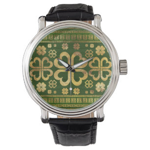 Montre Bois vert Shamrock à quatre feuilles et or