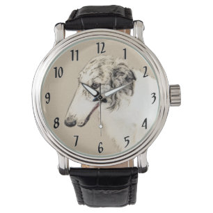 Montre Borzoi (Argent Brindle) Peinture Chien Art origina