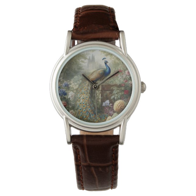 Montre Botanique : paon près du château dans le jardin an (devant)