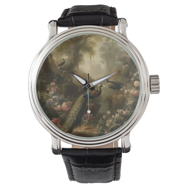 Montre Botanique : trois paons dans le jardin anglais (devant)