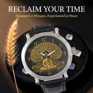 Montre Bouddha d'or complexe entouré de feuillage luxuria