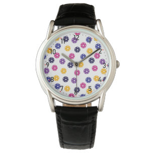 Montre 💛 Boulettes jaunes et 💜 violettes sur blanc