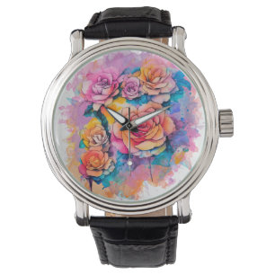 Montre Bouquet de roses à taches de peinture aquarelle mo
