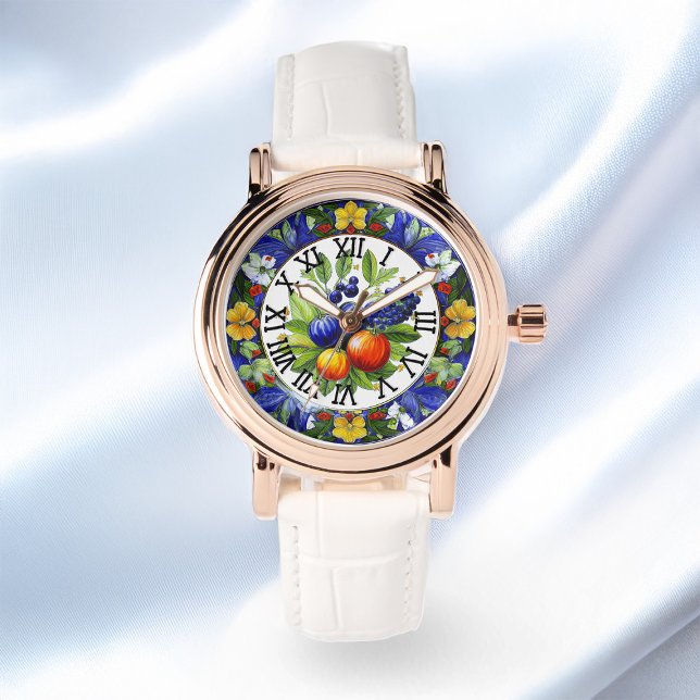 Montre Bouquet Italien Deruta Fruits Et Légumes Motif (Zazzle Italian Deruta Bouquet Fruits And Vegetables Motif Watch Satin Background)