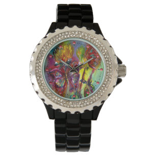 MONTRE BOUTEILLES ROUGES SUR THISTLES JAUNES, CIEL BLEU F
