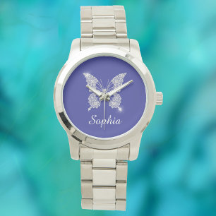 Montre Bouton Diamant Blanc, Nom du script, Bleu Profond