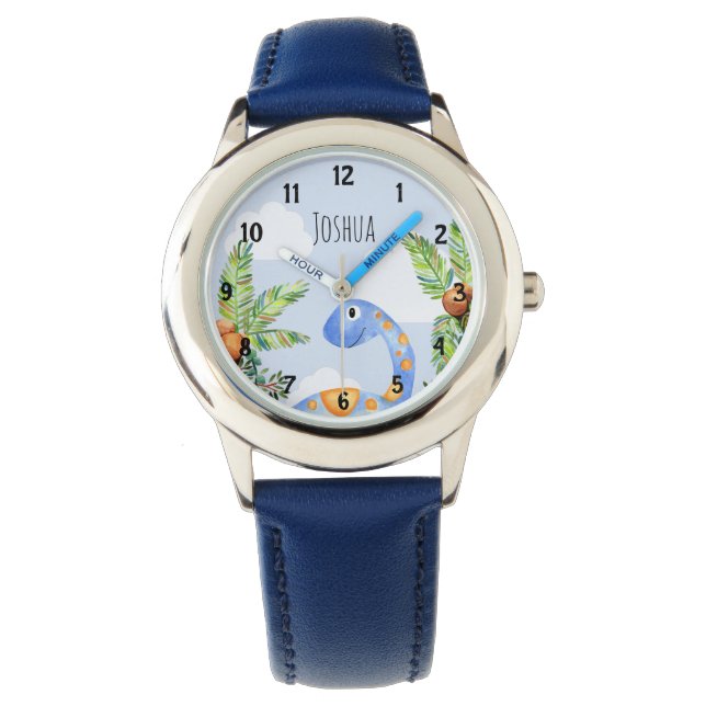 Montre Boys Jungle Aquarelle Dinosaure et nom Enfants (devant)