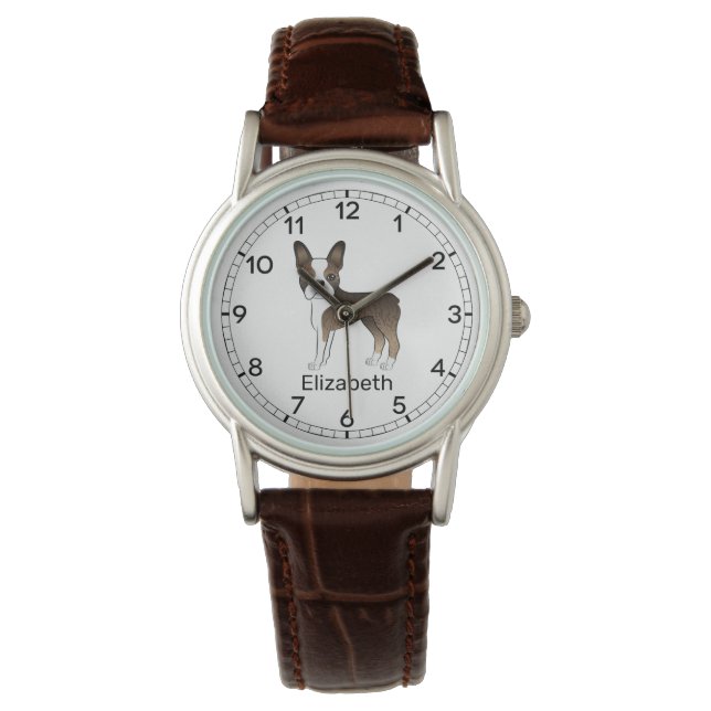 Montre Brindle Boston Terrier Cute Cartoon Chien & Nom (devant)