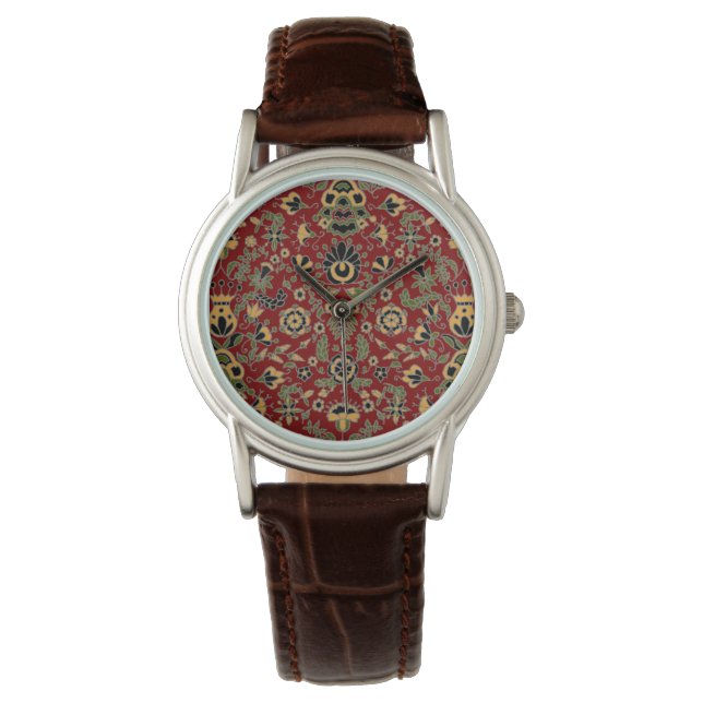Montre Broderie folle Jaune, Vert, Noir sur Rouge profond (devant)